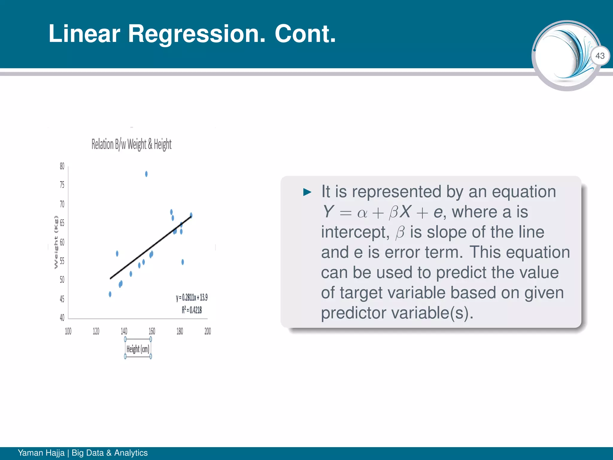 43
Linear Regression. Cont.
It is represented by an equation
Y = α + βX + e, where a is
intercept, β is slope of the line
and e is error term. This equation
can be used to predict the value
of target variable based on given
predictor variable(s).
Yaman Hajja | Big Data & Analytics
 