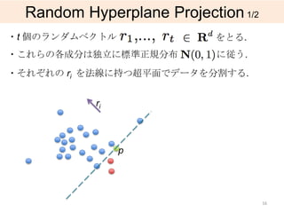Random Hyperplane Projection 1/2
・t 個のランダムベクトル               をとる.
・これらの各成分は独立に標準正規分布          に従う.
・それぞれの ri を法線に持つ超平面でデータを分割する.


           ri



                p




                                     16
 