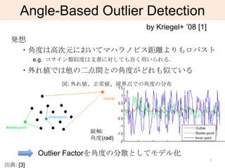 Angle-Based Outlier Detection
                                 by Kriegel+ ’08 [1]
  発想
   ・角度は高次元においてマハラノビス距離よりもロバスト
          e.g. コサイン類似度は文書に対しても良く用いられる.

     ・外れ値では他の二点間との角度がどれも似ている
               図: 外れ値、正常値、境界点での角度の分布




                     縦軸:
                     角度(rad)

           Outlier Factorを角度の分散としてモデル化
                                                       7
出典: [3]
 