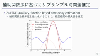 補助関数法に基づくサブサンプル時間差推定
• AuxTDE (auxiliary-function based time delay estimation)
– 補助関数を繰り返し最大化することで，相互相関の最大値を推定
0 1 2 3 4
Time delay [sample]
elation
funciton
ng points
2 1 0 1 2 3 4
Time delay [sample]
4
6
8
10
12
14
16
18
20
Cross-correlation
Auxiliary function
Auxiliary variable
Estimate
Cross-correlation
function
14
 