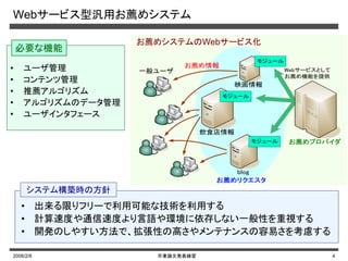 2006/2/8 卒業論文発表練習 4
Webサービス型汎用お薦めシステム
• ユーザ管理
• コンテンツ管理
• 推薦アルゴリズム
• アルゴリズムのデータ管理
• ユーザインタフェース
お薦めプロバイダ
映画情報
飲食店情報
blog
モジュール
モジュール
モジュール
お薦め情報
一般ユーザ Webサービスとして
お薦め機能を提供
お薦めリクエスタ
必要な機能
お薦めシステムのWebサービス化
システム構築時の方針
• 出来る限りフリーで利用可能な技術を利用する
• 計算速度や通信速度より言語や環境に依存しない一般性を重視する
• 開発のしやすい方法で、拡張性の高さやメンテナンスの容易さを考慮する
 