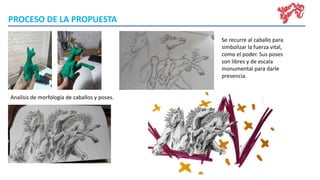PROCESO DE LA PROPUESTA
Analisis de morfología de caballos y poses.
Se recurre al caballo para
simbolizar la fuerza vital,
como el poder. Sus poses
son libres y de escala
monumental para darle
presencia.
 