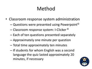 11


                              Table 1

            Number of sections assigned to each condition


                     Paper and Pencil                CRS

Morning                       9                        6

Afternoon                     4                        5
 