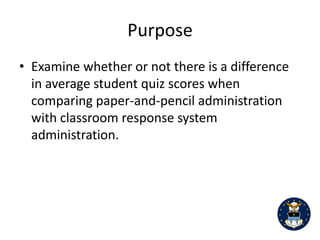3


       Over the past decade, Classroom Response Systems (CRS) have become increasingly

popular in educational settings (Bjorn et al, 2011; Hoekstra, 2008; MacArthur & Jones, 2008;

Zhu, 2007) as well as in medical training settings (Thomas, Monturo, & Conroy, 2011). Not only

are CRS being used for demonstrating concepts (Shaffer & Collura, 2009), they are also being

used for student assessment of course content (Mezeske & Mezeske, 2007; Yourstone, Kraye, &

Albaum, 2008) andfacilitating critical thinking in class (Mollborn & Hoekstra, 2010). The use of

the CRS as an assessment device has prompted some faculty and students to be concerned that

there may be advantages to taking a multiple-choice quiz using paper-and-pencil administration

as compared to using a CRS (Epstein,Klinkenberg & Wiley, 2001). One of the perceived

advantages to using paper-and-pencil administration is that students would be able to refer

back to previously answered questions and be able to change their answers to improve their

overall score. While there have been some studies to support this notion on basic knowledge

and comprehension items on multiple-choice tests (see Geiger, 1997 for a review), the same

was not found on more conceptually based or higher-order items. Further, other studies have

found that two mediating factors that correspond to improved performance may be attributed

to 1) metacognitive factors (e.g., signal detection and discrimination) and 2) timed-responses

(the method used in the present study) more than changing answers with respect to the

proportion of correct responses (Hanna, 2010; Higham & Gerrard, 2005).On the other hand,

some researchers contend that this perception can be mediated by allowing students to change

their responses on the clicker device within the prescribed time limit set by the instructor

(Caldwell, 2007; Croupch, Fagen, Callan, & Mazur, 2004). From a historical perspective, Mueller

and Wasser (1977) report that changing responses on objective tests generally lowered
 
