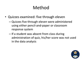 9


                                             References

Bjorn, H. K., Wolter, M. A., Lundeberg, H. K, & Herreid, C. F. (2011). Students’ perceptions of

       using personal response systems (“Clickers”) with cases in science. Journal of College

       Science Teaching, 40 (4), 14-19.

Caldwell, J. E. (2007). Clickers in the large classroom. CBE-Life Sciences Education 6, 9-20.

Crouch, C. H., Fagan, A. P., Callan, J. P., & Mazur, E. (2004) Classroom demonstrations: Learning

    tools or entertainment? American Association of Physics Teachers 72 (6), 835-838.

Duncan, D. (2006). Clickers: A New Teaching Aid with Exceptional Promise. The Astronomy

    Education Review, 5 (1), 5-19.

Epstein, J., Klinkenberg, W. D., & Wiley, D. (2001). Insuring sample equivalence across internet

    and paper-and-pencil assessments. Computers in Human Behavior, 17, 339-346.

Geiger, M. A. (1997). An examination of the relationship between answer changing,

    testwiseness, and exam performance. Journal of Experimental Education, 66 (1), 49-60.

Hanna, G. S. (2010). To change answers or not to change answers: That is the question. The

    Clearing House: A Journal of Educational Strategies, Issues, & Ideas, 62 (9), 414-416.

Higham, P. A. & Gerrard, C. (2005). Not all errors are created equal: Metacognition and

    changing answers on multiple-choice tests. Canadian Journal of Experimental Psychology,

    59 (1), 28-34.

Hoekstra, A. (2008). Vibrant student voices: Exploring effects of the use of clickers in college

    courses. Learning, Media, and Technology, 33 (4), 329-341.

MacArthur, J. R., & Jones, L. L. (2008). A review of literature reports of clickers applicable to

    college chemistry classrooms. Chemistry Education Research and Practice, 9, 187-195.
 