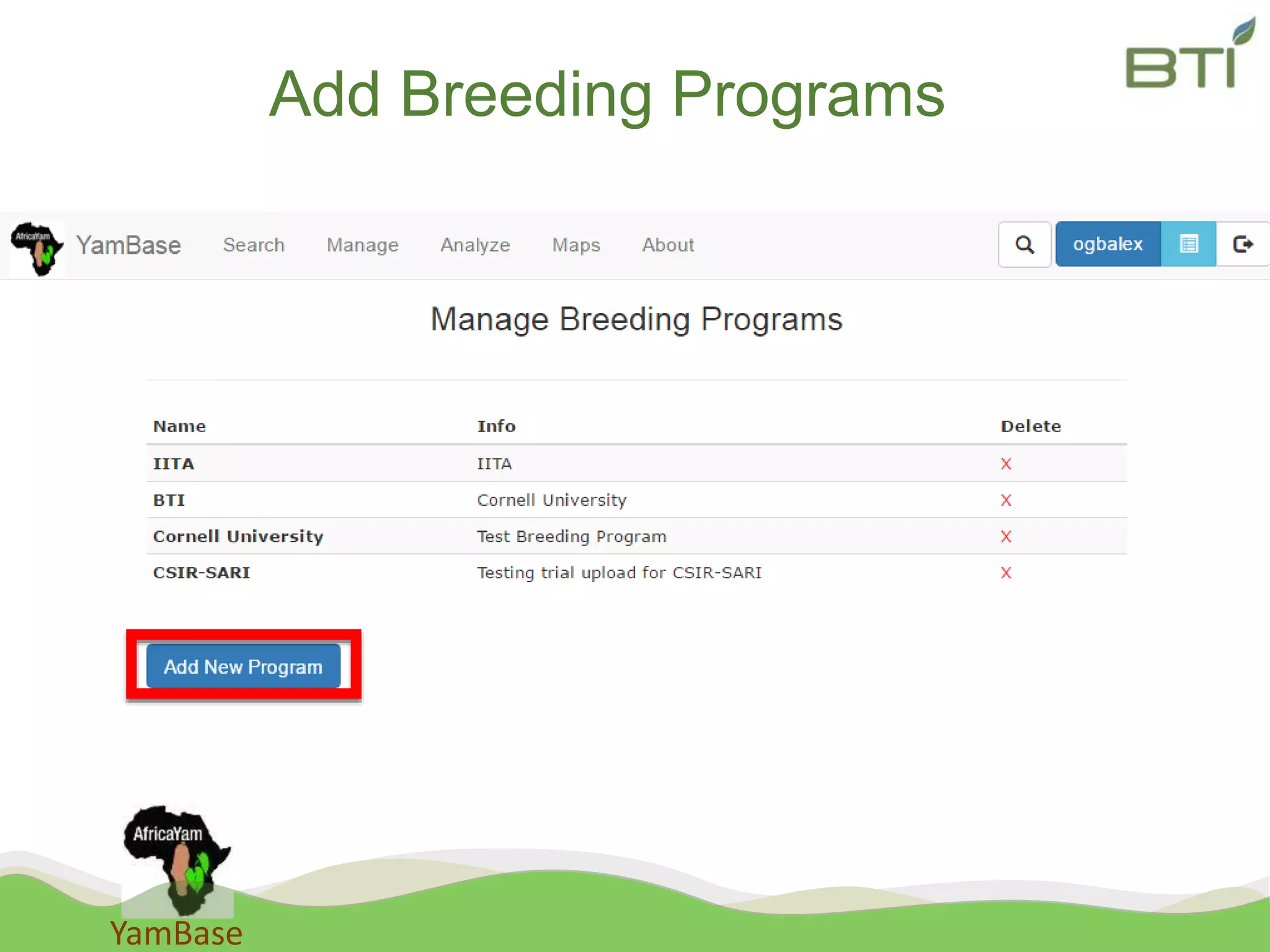 YamBase
Add Breeding Programs
 