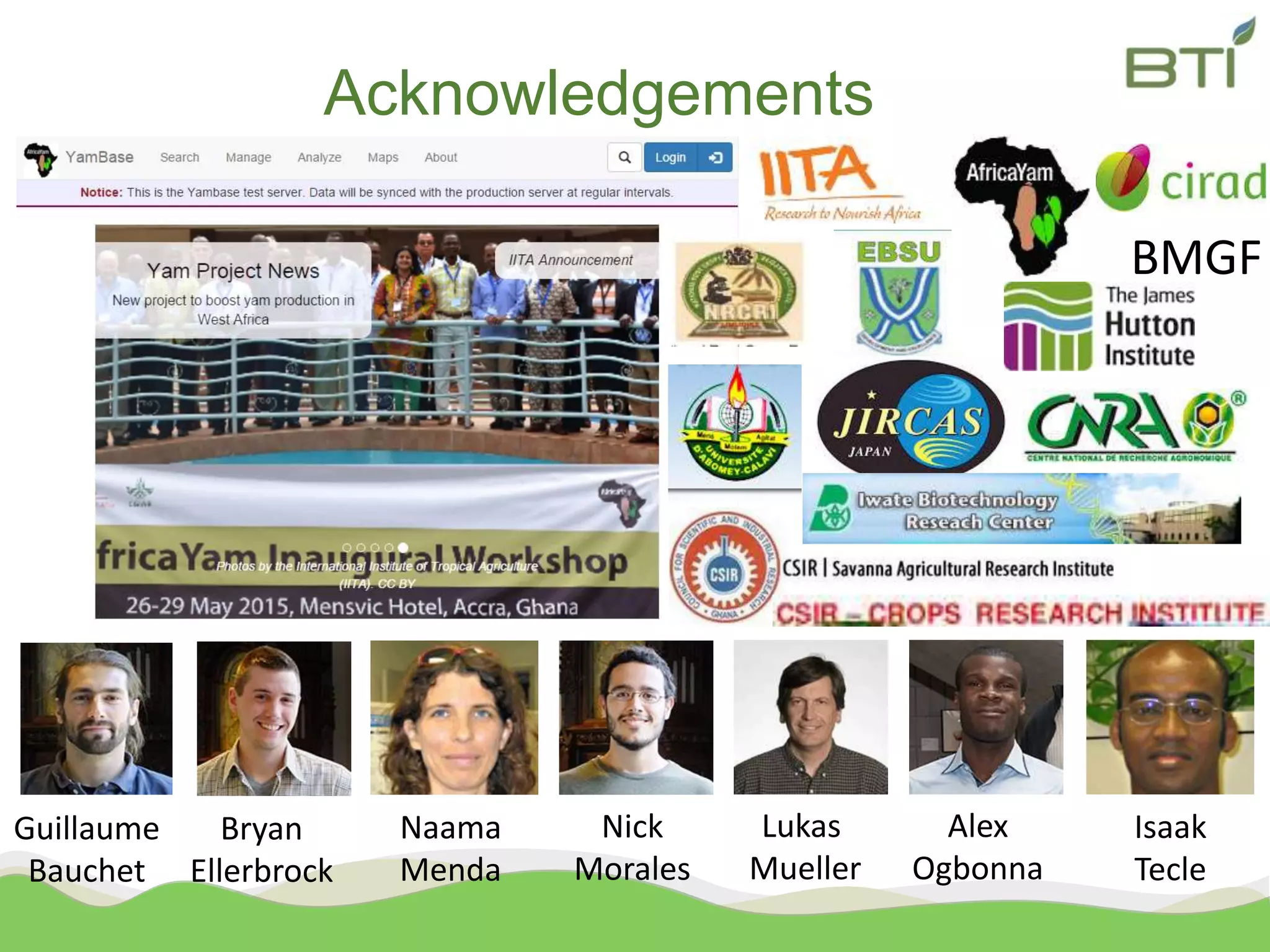 Acknowledgements
Lukas
Mueller
Alex
Ogbonna
Bryan
Ellerbrock
Naama
Menda
Isaak
Tecle
Nick
Morales
Guillaume
Bauchet
BMGF
 