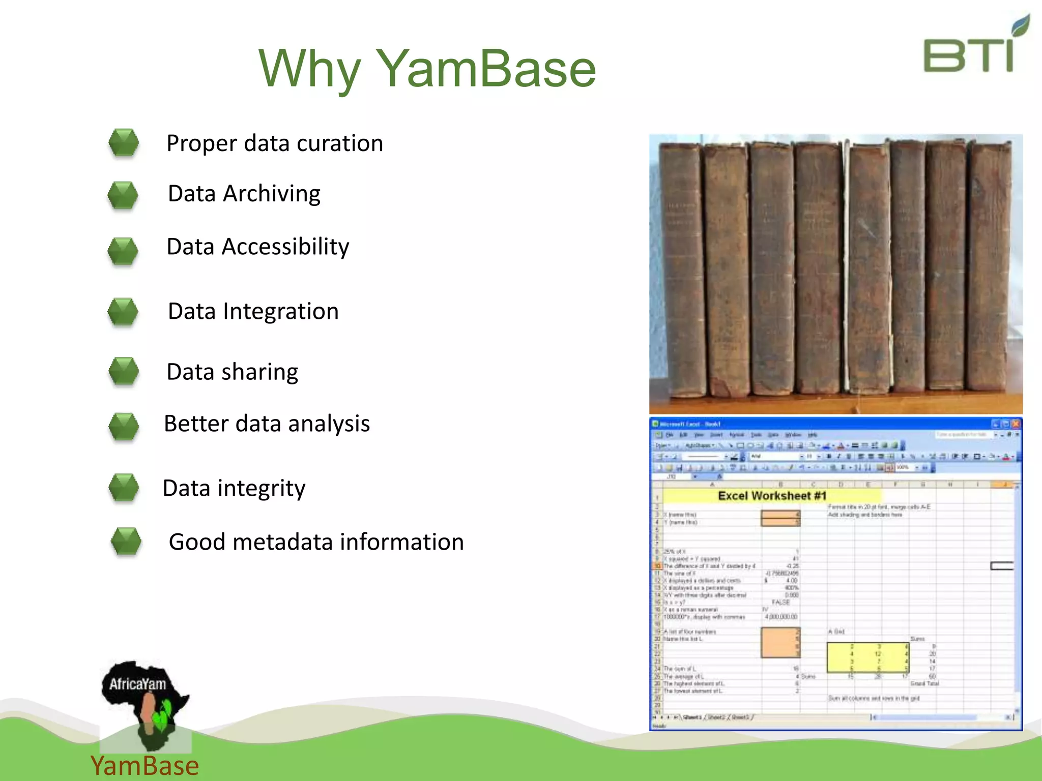 YamBase
Why YamBase
Data Archiving
Data Accessibility
Data Integration
Data sharing
Better data analysis
Proper data curation
Data integrity
Good metadata information
 