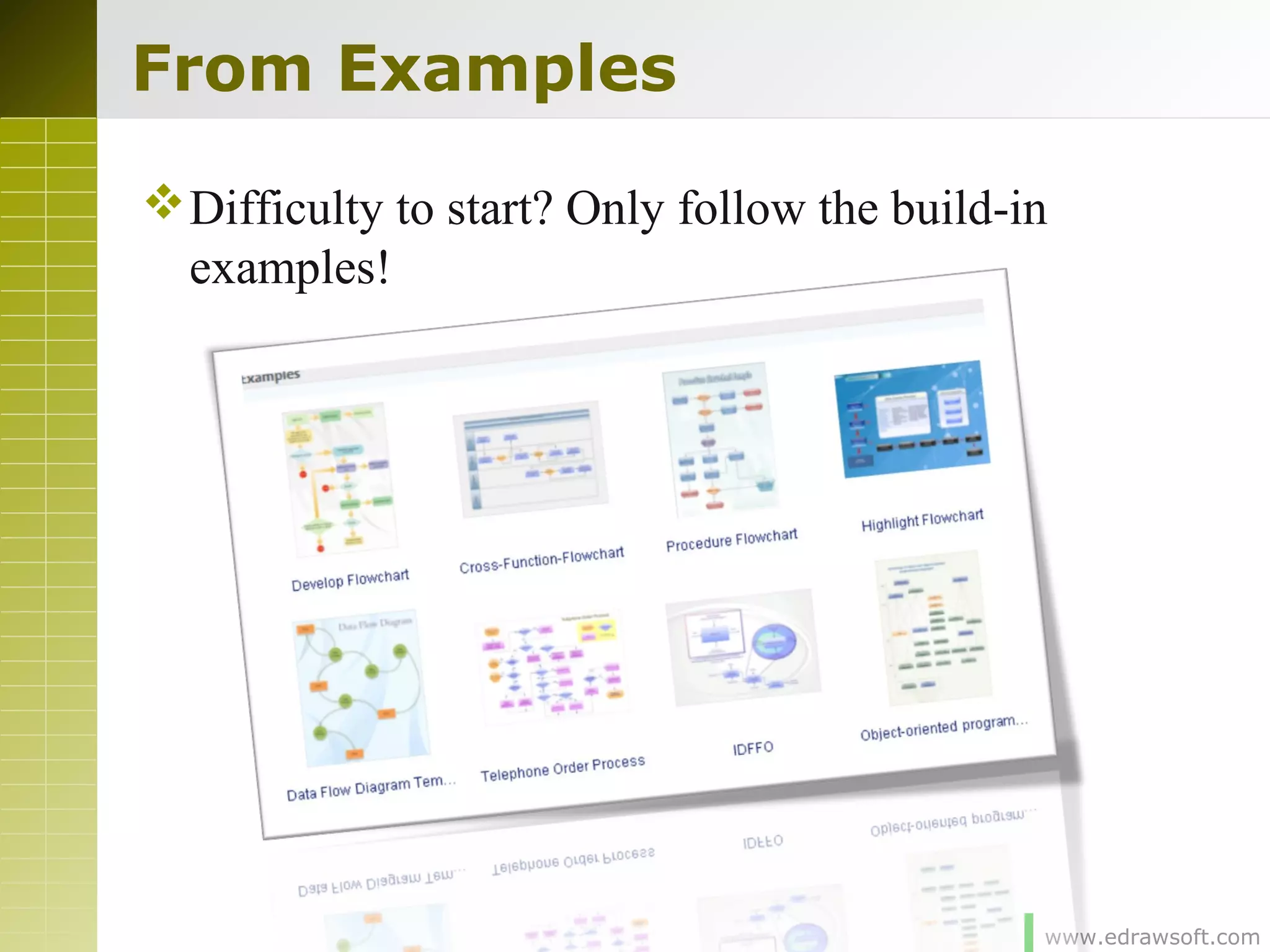 www.edrawsoft.com
From Examples
Difficulty to start? Only follow the build-in
examples!
 