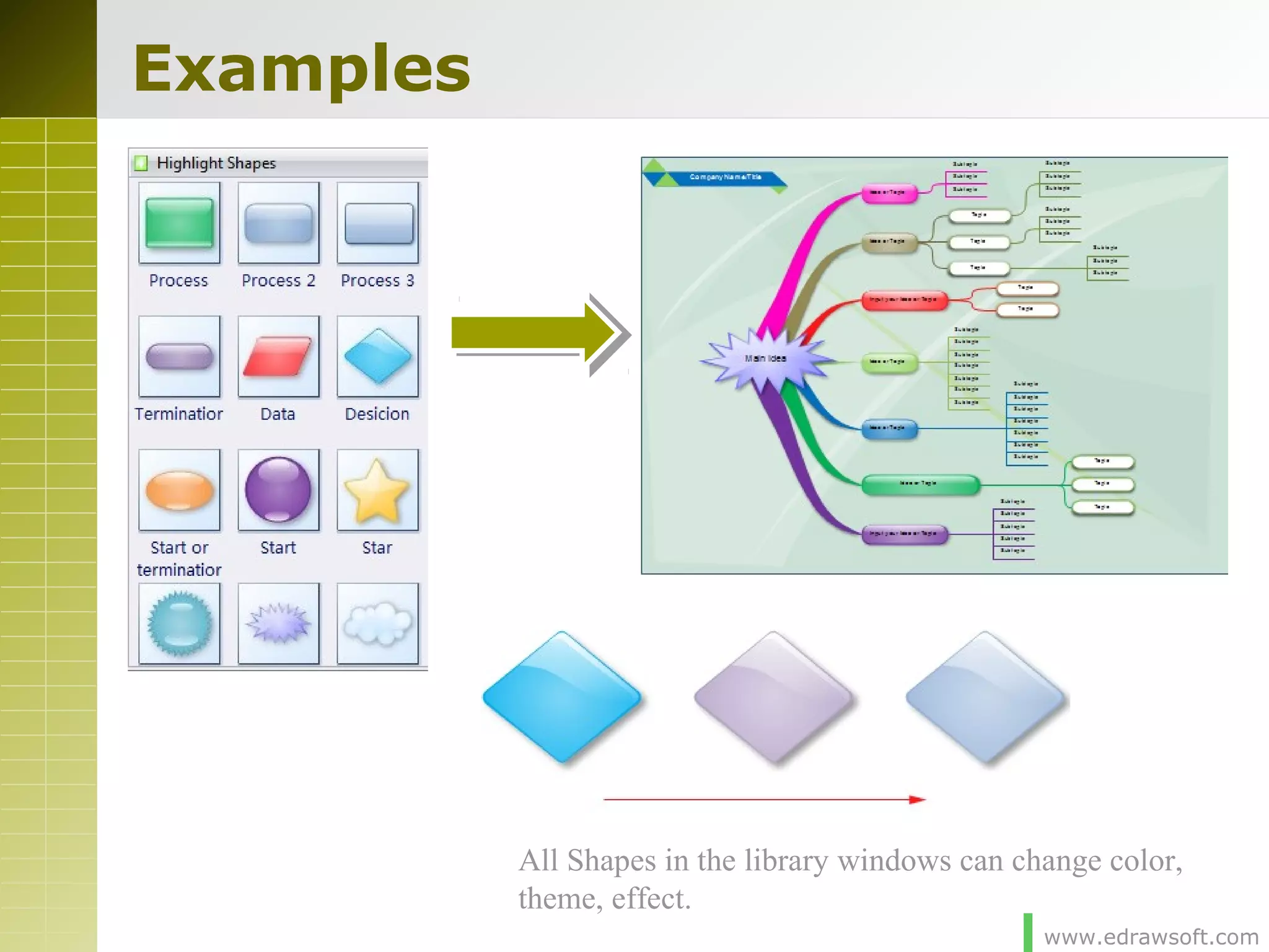 www.edrawsoft.com
Examples
All Shapes in the library windows can change color,
theme, effect.
 