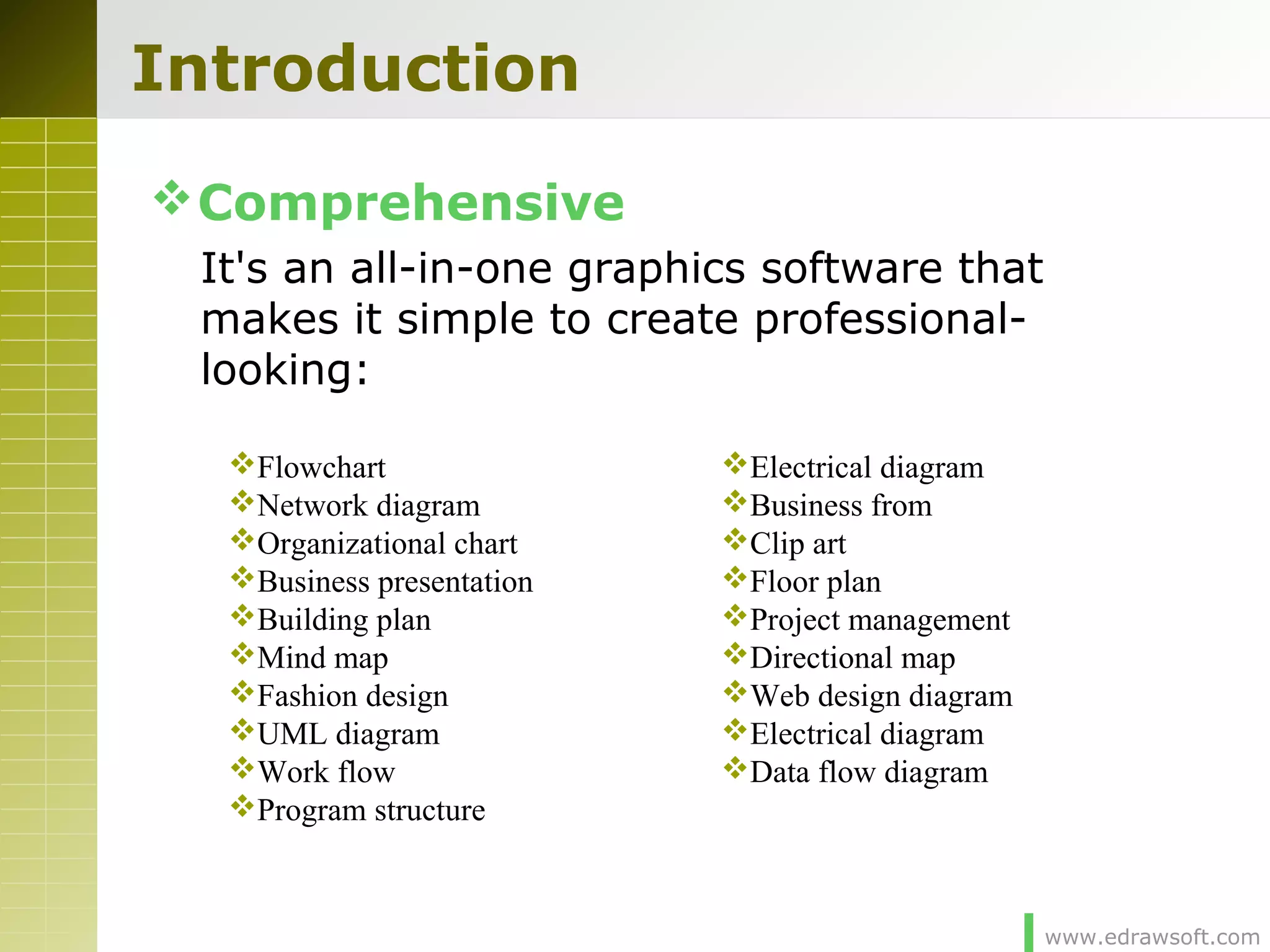 www.edrawsoft.com
Introduction
Comprehensive
It's an all-in-one graphics software that
makes it simple to create professional-
looking:
Flowchart
Network diagram
Organizational chart
Business presentation
Building plan
Mind map
Fashion design
UML diagram
Work flow
Program structure
Electrical diagram
Business from
Clip art
Floor plan
Project management
Directional map
Web design diagram
Electrical diagram
Data flow diagram
 