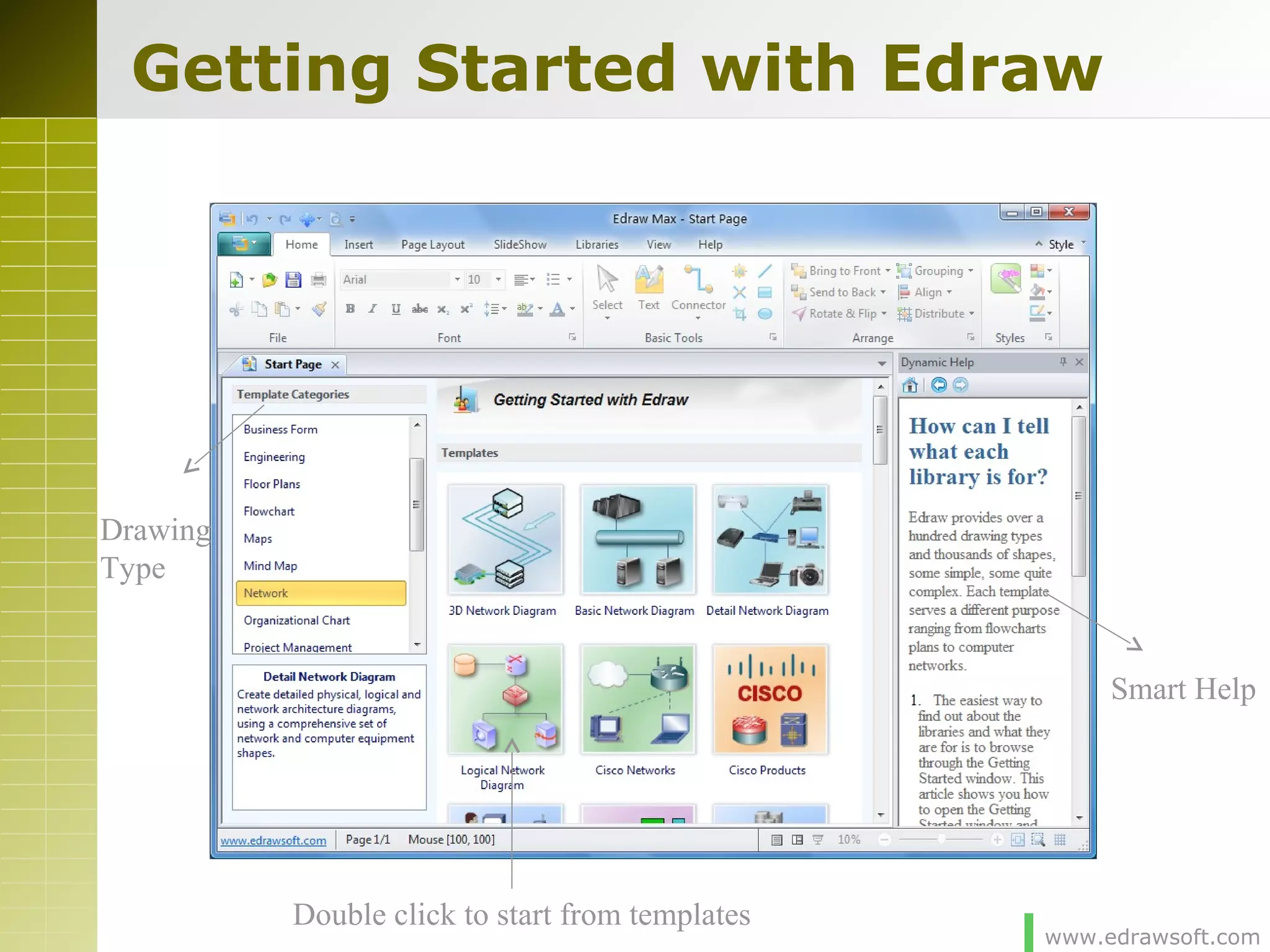 www.edrawsoft.com
Getting Started with Edraw
Smart Help
Drawing
Type
Double click to start from templates
 