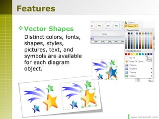 www.edrawsoft.com
Features
Vector Shapes
Distinct colors, fonts,
shapes, styles,
pictures, text, and
symbols are available
for each diagram
object.
 