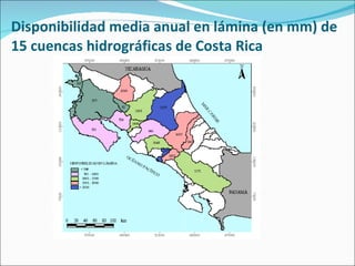 Disponibilidad media anual en lámina (en mm) de 15 cuencas hidrográficas de Costa Rica 