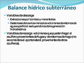Balance hídrico subterráneo Variables de descarga: Extracciones por bombeo y manantiales Gasto base de los ríos menos los volúmenes de retornos de agua superficial excluyendo los de la generación hidroeléctrica.  Variables de recarga: volúmenes que pueden llegar al acuífero provenientes de fugas y de retornos de riego (no se considera el aporte lateral proveniente de otros acuíferos). 