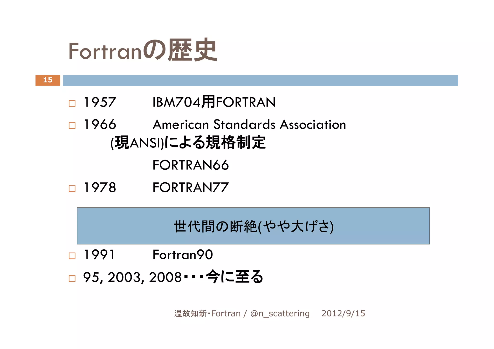 Fortranの歴史
15


     1957   IBM704用FORTRAN
     1966   American Standards Association
        (現ANSI)による規格制定
            FORTRAN66
     1978   FORTRAN77

                 世代間の断絶(やや大げさ)
     1991      Fortran90
     95, 2003, 2008・・・今に至る

                 温故知新・Fortran / @n_scattering   2012/9/15
 