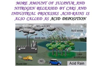 MORE AMOUNT OF SULPHUR AND
NITROGEN RELEASED BY CARS AND
INDUSTRIAL PROCESSES .ACID RAINS IS
ALSO CALLED AS ACID DEPOSITION
 