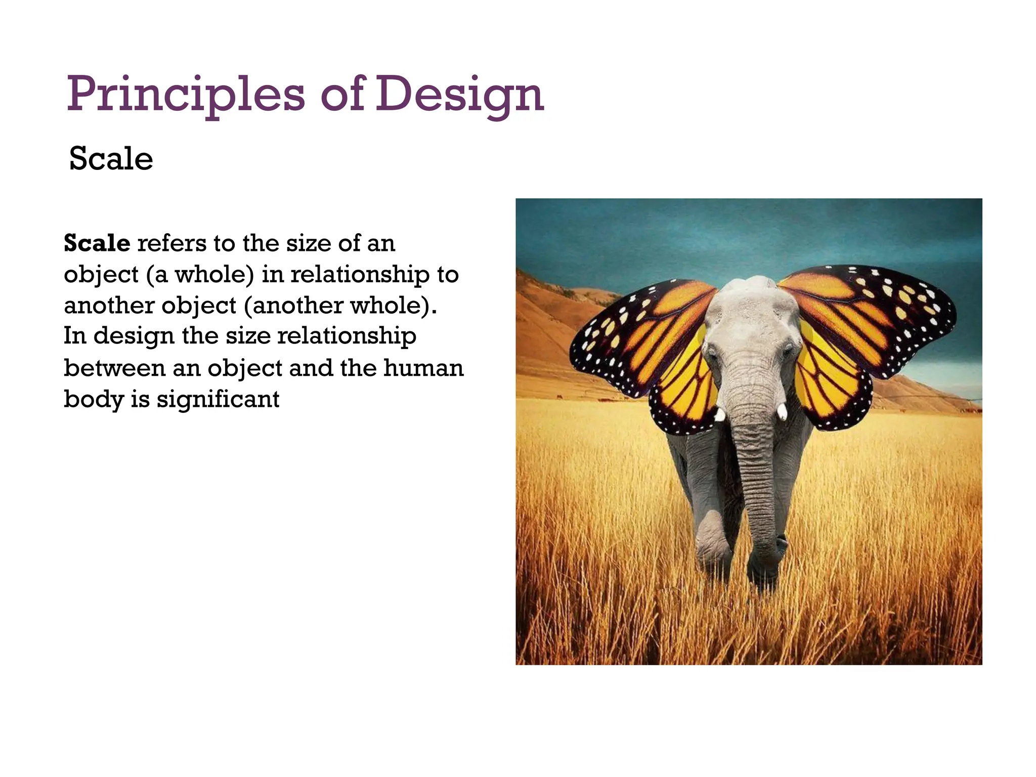 Principles of Design
Scale
Scale refers to the size of an
object (a whole) in relationship to
another object (another whole).
In design the size relationship
between an object and the human
body is significant
 