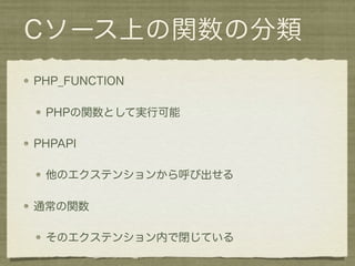Cソース上の関数の分類
PHP_FUNCTION

 PHPの関数として実行可能

PHPAPI

 他のエクステンションから呼び出せる

通常の関数

 そのエクステンション内で閉じている
 