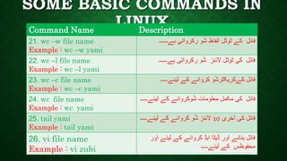 SOME BASIC COMMANDS IN
LINUXCommand Name Description
21. wc –w file name
Example : wc –w yami
‫ہے۔۔۔۔۔۔‬ ‫رکرواتی‬ ‫و‬ُ‫ش‬ ‫الفاظ‬ ‫ٹوٹل‬ ‫کے‬ ‫فائل‬
22. wc –l file name
Example : wc –l yami
‫ہے۔۔۔۔۔۔‬ ‫رکرواتی‬ ‫و‬ُ‫ش‬ ‫الئنز‬ ‫ٹوٹل‬ ‫کی‬ ‫فائل‬
23. wc –c file name
Example : wc –c yami
‫لیئے۔۔۔۔۔‬ ‫کے‬ ‫کروانے‬ ‫و‬ُ‫ش‬‫کےکریکٹر‬ ‫فائل‬
24. wc file name
Example : wc yami
‫لیئے۔۔۔۔۔‬ ‫کے‬ ‫وکروانے‬ُ‫ش‬ ‫معلومات‬ ‫مکمل‬ ‫کی‬ ‫فائل‬
25. tail yami
Example : tail yami
‫آخری‬ ‫کی‬ ‫فائل‬10‫لیئے۔۔۔۔۔‬ ‫کے‬ ‫کروانے‬ ‫و‬ُ‫ش‬ ‫الئنز‬
26. vi file name
Example : vi zubi
‫اور‬ ‫لیئے‬ ‫کے‬ ‫کروانے‬ ‫ایڈ‬ ‫ڈیٹا‬ ‫اور‬ ‫بنانے‬ ‫فائل‬
‫لیئے۔۔۔۔۔‬ ‫کے‬ ‫محفوظس‬
 