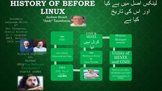 HISTORY OF BEFORE
LINUX
1969
UNIX
1973 UNICS
Converted into Unix
1984
GUN Unix
‫مقابلہ‬
1990
Working on Kernel
By
Linus Torvalds
GNO &
MINIX
‫نہیں‬ ‫کرنل‬
‫تھا‬
Memory
Manager
creator
Utility of
MINIX
and GNO
Rewrite all utility
Of MINIX and GNO
As Competition of
UNIX
‫کیا‬ ‫ہے‬ ‫میں‬ ‫اصل‬ ‫لینکس‬
‫تاریخ‬ ‫کی‬ ‫اس‬ ‫اور‬
‫ہے‬ ‫کیا‬Assembly
language Write
1st
Ken Thompson,
Dennis Ritchie
In C language
1973, Rewrite
UNIX with C
Richard Stallman
GPL
Hacker
GNU(Free Software
Foundation )
starts under
GPL
Andrew Stuart
"Andy" Tanenbaum
 