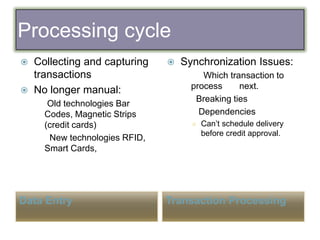 Processing cycle
Data Entry Transaction Processing
 Collecting and capturing
transactions
 No longer manual:
Old technologies Bar
Codes, Magnetic Strips
(credit cards)
New technologies RFID,
Smart Cards,
 Synchronization Issues:
Which transaction to
process next.
Breaking ties
Dependencies
○ Can’t schedule delivery
before credit approval.
 