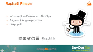 Raphaël Pinson
○ Infrastructure Developer / DevOps
○ Augeas & Augeasproviders
○ Voxpupuli
@raphink
 