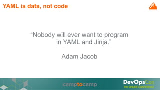 YAML is data, not code
“Nobody will ever want to program
in YAML and Jinja.”
Adam Jacob
 