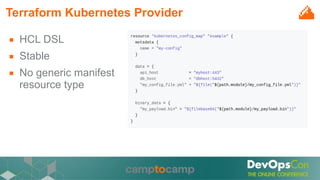 Terraform Kubernetes Provider
■ HCL DSL
■ Stable
■ No generic manifest
resource type
 