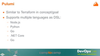 Pulumi
■ Similar to Terraform in concept/goal
■ Supports multiple languages as DSL:
○ Node.js
○ Python
○ Go
○ .NET Core
○ Go
 
