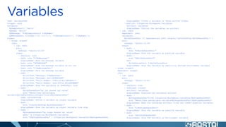 name: VariableDemo
trigger: none
variables:
MySampleVar01: 'Hello'
MyName: 'World'
MyMessage: '$(MySampleVar01) $(MyName)'
MyMessageTwo: $[format('{0} {1}!!!!', '$(MySampleVar01)', '$(MyName)')]
stages:
- stage: stage01
jobs:
- job: job01
pool:
vmImage: 'Ubuntu-16.04'
steps:
- checkout: none
- bash: echo "$(MyMessage)"
displayName: Show the message variable
- bash: echo "$MYMESSAGE"
displayName: Show the message variable as env var
- bash: echo "$(MyMessageTwo)"
displayName: Show the message variable
- pwsh: |
Write-Host "Message: $(MyMessage)"
Write-Host "Message: $env:MYMESSAGE"
Write-Host "Build Number: $(Build.BuildNumber)"
Write-Host "Build Number: $env:BUILD_BUILDNUMBER"
displayName: Show the variables as PowerShell Core
- bash: |
MyJobSharedVar="my job shared var value"
echo "##vso[task.setvariable
variable=MyJobSharedVar;isOutput=true]$MyJobSharedVar"
name: myVarDefStep
displayName: Define a variable as output variable
- bash: |
echo "$(myVarDefStep.MyJobSharedVar)"
displayName: Show the variable as output variable from step
- bash: |
MyStageSharedVar="my stage shared var value"
mkdir -p $(Pipeline.Workspace)/variables
echo "$MyStageSharedVar" > $(Pipeline.Workspace)/variables/MyStageSharedVar
displayName: Create a variable to share accross stages
- publish: $(Pipeline.Workspace)/variables
artifact: variables
displayName: Publish the variables as artifact
- job: job02
dependsOn: job01
variables:
MyJobSharedVar: $[ dependencies.job01.outputs['myVarDefStep.MyJobSharedVar'] ]
pool:
vmImage: 'Ubuntu-16.04'
steps:
- bash: |
echo "$(MyJobSharedVar)"
displayName: Show the variable as pipeline variable
- bash: |
echo "$MyJobSharedVar2"
env:
MyJobSharedVar2: $(MyJobSharedVar)
displayName: Show the variable as explicitly defined environment variable
- stage: stage02
dependsOn: stage01
jobs:
- job: job03
pool:
vmImage: 'Ubuntu-16.04'
steps:
- checkout: none
- download: current
artifact: variables
displayName: Download the variables artifact
- bash: |
MyStageSharedVar=$(cat $(Pipeline.Workspace)/variables/MyStageSharedVar)
echo "##vso[task.setvariable variable=MyStageSharedVar]$MyStageSharedVar"
displayName: Read the variables artifact files and create pipeline variables
- bash: |
echo "$(MyStageSharedVar)"
displayName: Show the variable as pipeline variable
- bash: |
echo "$MYSTAGESHAREDVAR"
displayName: Show the variable as environment variable
 