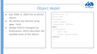 Object Model
● Use YAML or JSON file to define
object
● We define the desired using
spec field
● status field is managed my
Kubernetes, which describes the
current state of the object
apiVersion: v1
kind: Pod
metadata:
name: mypod
namespace: default
spec:
containers:
- name: myc
image: nginx:alpine
status:
……
……
 