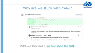 Why are we stuck with YAML?
Watch Joe Beda’s talk : I am Sorry about The YAML.
 