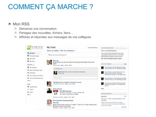 COMMENT ÇA MARCHE ? Mon RSS Démarrez une conversation Partagez des nouvelles, fichiers, liens… Affichez et répondez aux messages de vos collègues 