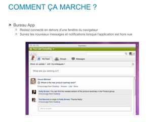 COMMENT ÇA MARCHE ? Bureau App Restez connecté en dehors d’une fenêtre du navigateur Suivez les nouveaux messages et notifications lorsque l’application est hors vue 