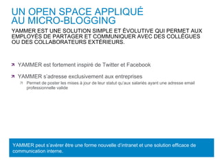 UN OPEN SPACE APPLIQUÉ  AU MICRO-BLOGGING YAMMER est fortement inspiré de Twitter et Facebook YAMMER s’adresse exclusivement aux entreprises Permet de poster les mises à jour de leur statut qu’aux salariés ayant une adresse email professionnelle valide YAMMER EST UNE SOLUTION SIMPLE ET ÉVOLUTIVE QUI PERMET AUX EMPLOYÉS DE PARTAGER ET COMMUNIQUER AVEC DES COLLÈGUES OU DES COLLABORATEURS EXTÉRIEURS. YAMMER peut s’avérer être une forme nouvelle d’intranet et une solution efficace de communication interne. 