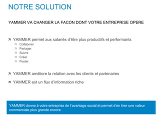 NOTRE SOLUTION YAMMER permet aux salariés d’être plus productifs et performants Collaborer  Partager Suivre Créer Poster YAMMER améliore la relation avec les clients et partenaires YAMMER est un flux d’information riche YAMMER VA CHANGER LA FACON DONT VOTRE ENTREPRISE OPERE YAMMER donne à votre entreprise de l’avantage social et permet d’en tirer une valeur commerciale plus grande encore 