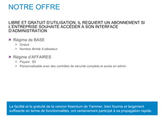 NOTRE OFFRE Régime de BASE Gratuit Nombre illimité d’utilisateur Régime d’AFFAIRES Payant : $5 Personnalisable avec des contrôles de sécurité complets et accès en admin LIBRE ET GRATUIT D’UTILISATION, IL REQUIERT UN ABONNEMENT SI L’ENTREPRISE SOUHAITE ACCÉDER À SON INTERFACE D’ADMINISTRATION La facilité et la gratuité de la version freemium de Yammer, bien fournie et largement suffisante en terme de fonctionnalités, ont certainement participé à sa propagation rapide. 