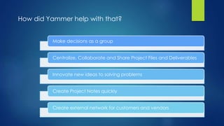 Make decisions as a group
Centralize, Collaborate and Share Project Files and Deliverables
Innovate new ideas to solving problems
Create Project Notes quickly
Create external network for customers and vendors
How did Yammer help with that?
 