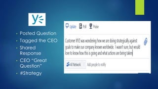 • Posted Question
• Tagged the CEO
• Shared
Response
• CEO “Great
Question”
• #Strategy
 