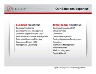 BUSINESS SOLUTIONS
Business Intelligence
Business Process Management
Customer Experience and CRM
Enterprise Performance Management
Enterprise Resource Planning
Experience Design (XD)
Management Consulting
TECHNOLOGY SOLUTIONS
Business Integration/SOA
Cloud Services
Commerce
Content Management
Custom Application Development
Education
Information Management
Mobile Platforms
Platform Integration
Portal & Social
Our Solutions Expertise
 
