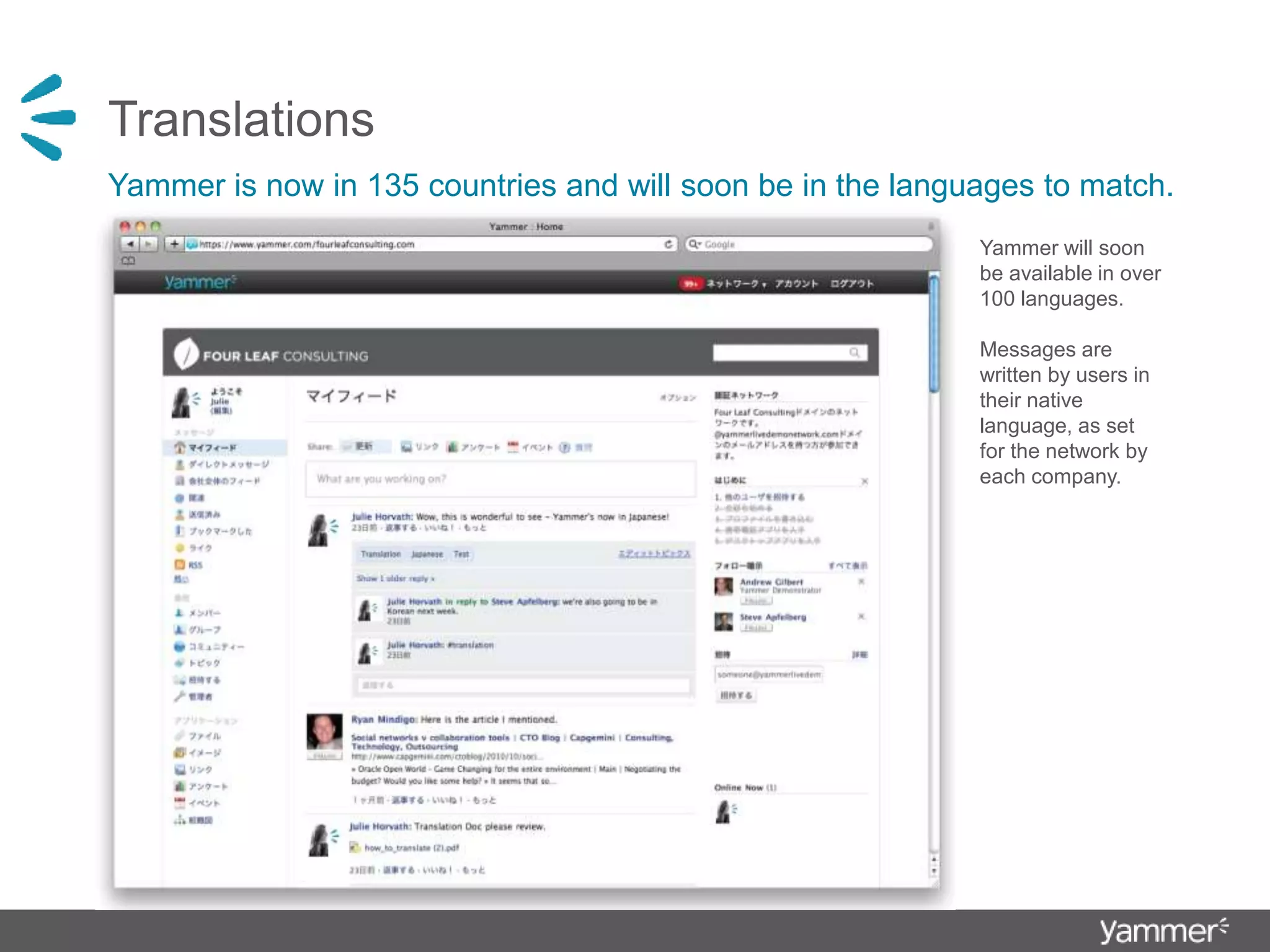 Translations
Yammer is now in 135 countries and will soon be in the languages to match.
Yammer will soon
be available in over
100 languages.
Messages are
written by users in
their native
language, as set
for the network by
each company.
 