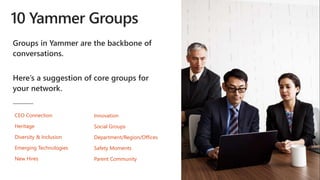 10 Yammer Groups
Groups in Yammer are the backbone of
conversations.
Here’s a suggestion of core groups for
your network.
CEO Connection
Heritage
Diversity & Inclusion
Emerging Technologies
New Hires
Innovation
Social Groups
Department/Region/Offices
Safety Moments
Parent Community
 