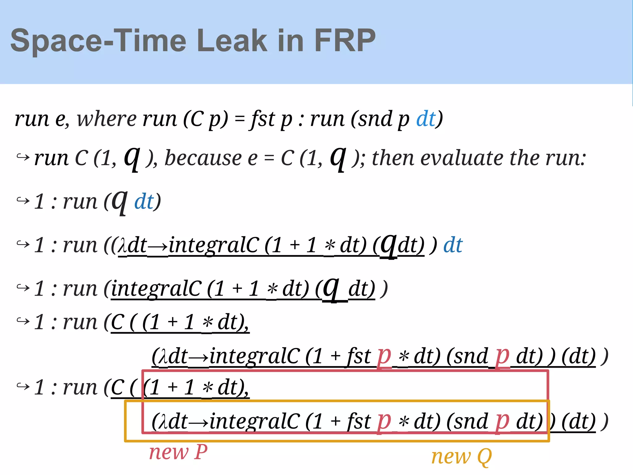 run e, where run (C p) = fst p : run (snd p dt)
↪ run C (1, q ), because e = C (1, q ); then evaluate the run:
↪ 1 : run (q dt)
↪ 1 : run ((λdt→integralC (1 + 1 ∗ dt) (qdt) ) dt
↪ 1 : run (integralC (1 + 1 ∗ dt) (q dt) )
↪ 1 : run (C ( (1 + 1 ∗ dt),
(λdt→integralC (1 + fst p ∗ dt) (snd p dt) ) (dt) )
↪ 1 : run (C ( (1 + 1 ∗ dt),
(λdt→integralC (1 + fst p ∗ dt) (snd p dt) ) (dt) )
Space-Time Leak in FRP
new P new Q
 