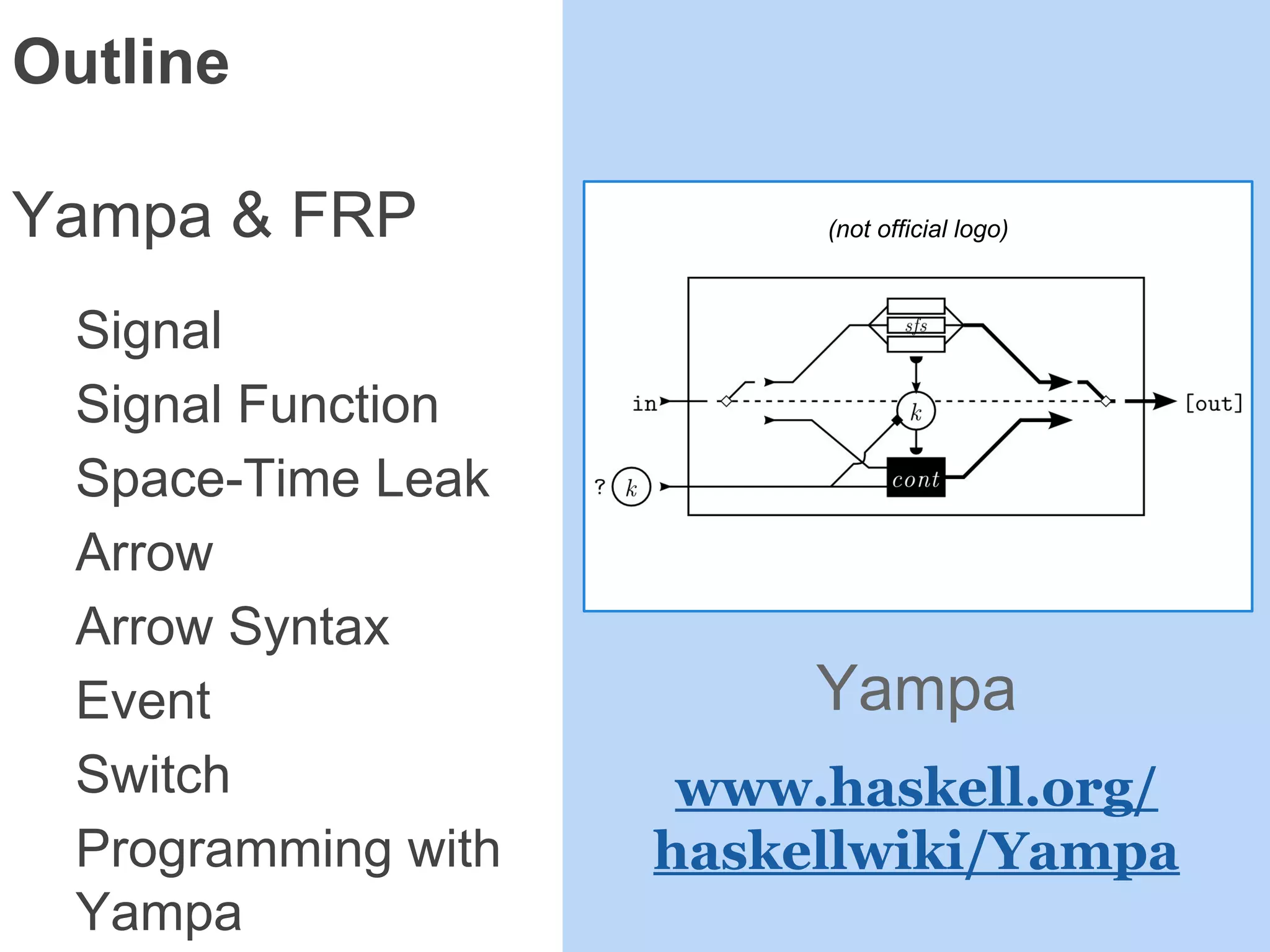 Outline
Yampa & FRP
Signal
Signal Function
Space-Time Leak
Arrow
Arrow Syntax
Event
Switch
Programming with
Yampa
Yampa
www.haskell.org/
haskellwiki/Yampa
(not official logo)
 