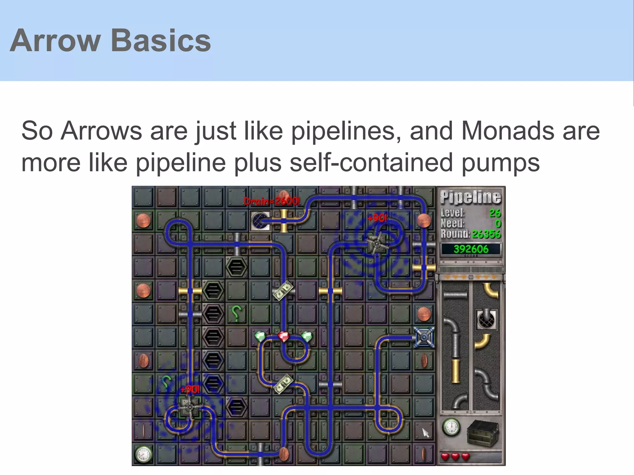 Arrow Basics
So Arrows are just like pipelines, and Monads are
more like pipeline plus self-contained pumps
 