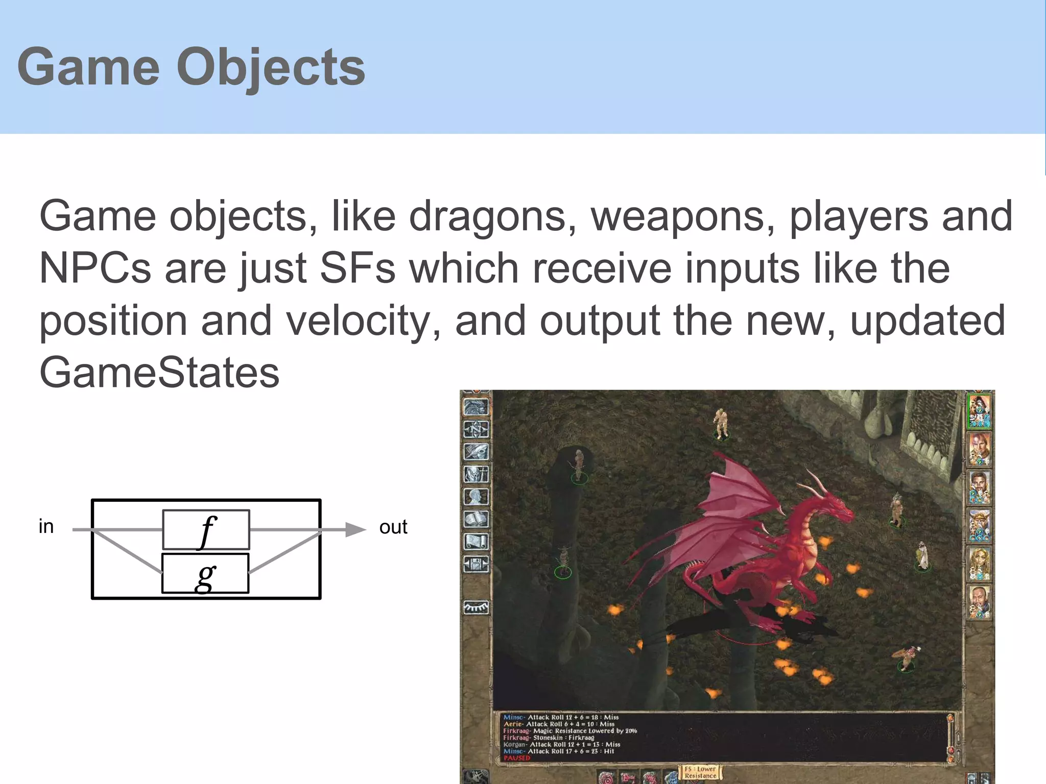 Game objects, like dragons, weapons, players and
NPCs are just SFs which receive inputs like the
position and velocity, and output the new, updated
GameStates
Game Objects
fin out
g
 