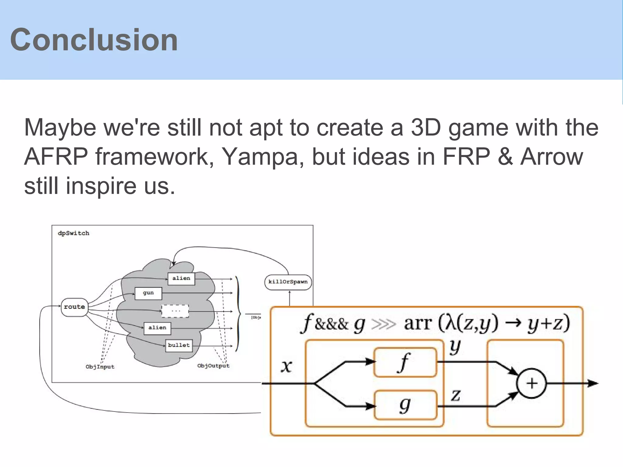 Maybe we're still not apt to create a 3D game with the
AFRP framework, Yampa, but ideas in FRP & Arrow
still inspire us.
Conclusion
 