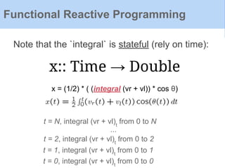Note that the `integral` is stateful (rely on time):
Functional Reactive Programming
x:: Time → Double
x = (1/2) * ( (integral (vr + vl)) * cos θ)
t = N, integral (vr + vl)t
from 0 to N
...
t = 2, integral (vr + vl)t
from 0 to 2
t = 1, integral (vr + vl)t
from 0 to 1
t = 0, integral (vr + vl)t
from 0 to 0
 