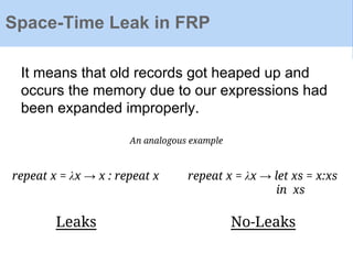 Space-Time Leak in FRP
It means that old records got heaped up and
occurs the memory due to our expressions had
been expanded improperly.
An analogous example
repeat x = λx → x : repeat x repeat x = λx → let xs = x:xs
in xs
Leaks No-Leaks
 